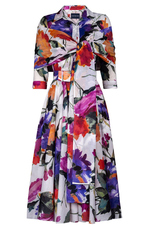 Aster Dress Shirt Collar 3/4 Sleeve Midi Length Cotton Musola (Brushstroke Blossoms)