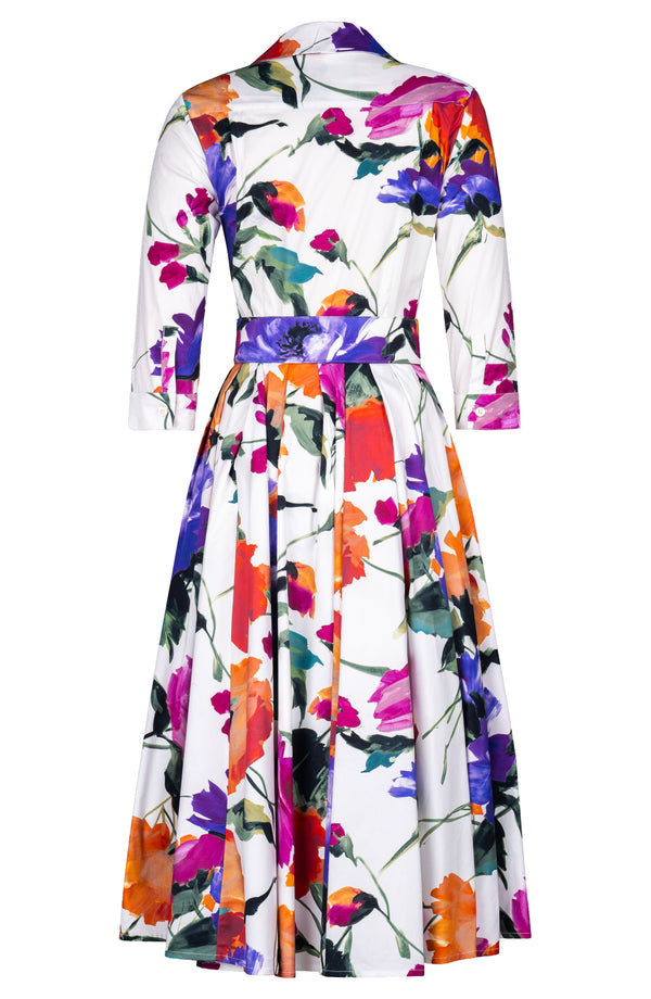 Laurent Dress Shirt Collar 3/4 Sleeve Midi Length Cotton Stretch (Brushstroke Blossoms)