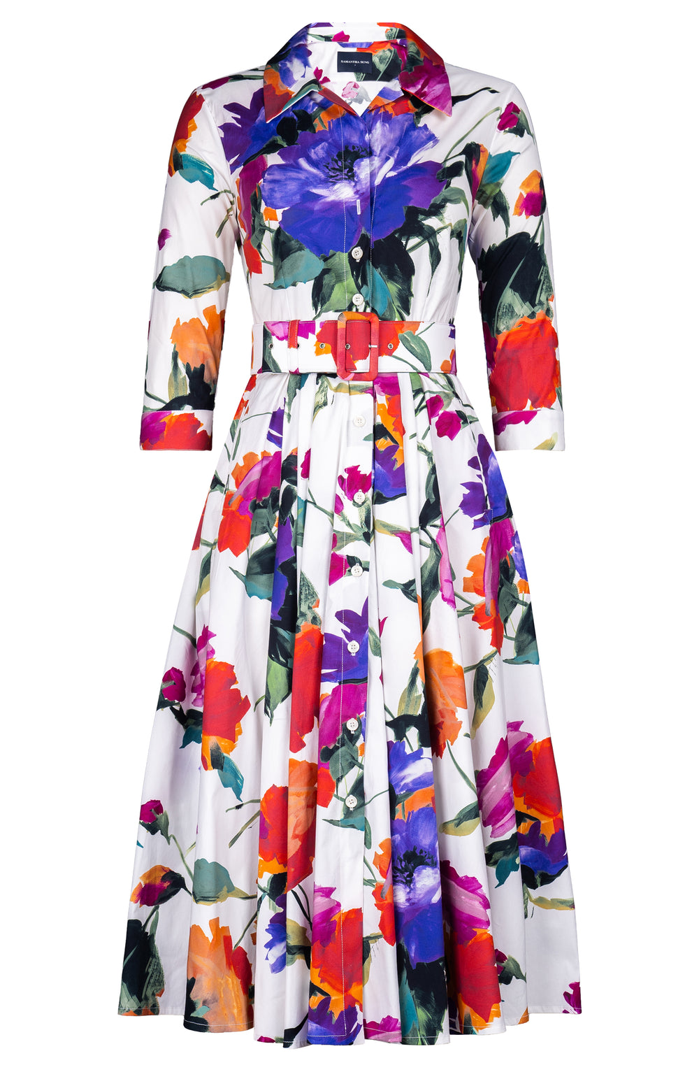 Laurent Dress Shirt Collar 3/4 Sleeve Midi Length Cotton Stretch (Brushstroke Blossoms)