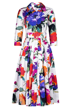 Laurent Dress Shirt Collar 3/4 Sleeve Midi Length Cotton Stretch (Brushstroke Blossoms)