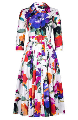 Laurent Dress Shirt Collar 3/4 Sleeve Midi Length Cotton Stretch (Brushstroke Blossoms)