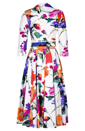 Laurent Dress Shirt Collar 3/4 Sleeve Midi Length Cotton Stretch (Brushstroke Blossoms)