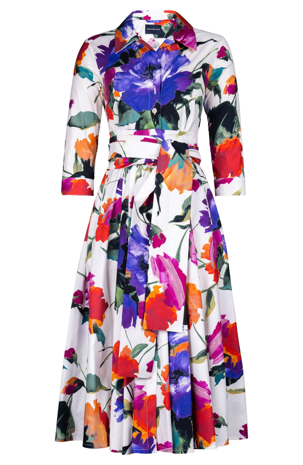Laurent Dress Shirt Collar 3/4 Sleeve Midi Length Cotton Stretch (Brushstroke Blossoms)