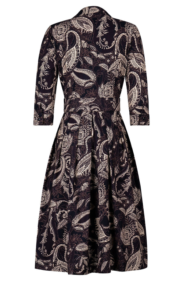 Audrey Dress #1 Shirt Collar 3/4 Sleeve Long Length Cotton Stretch (Cachemere Paisley Dark)