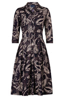 Audrey Dress #1 Shirt Collar 3/4 Sleeve Long Length Cotton Stretch (Cachemere Paisley Dark)