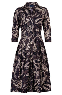 Audrey Dress #1 Shirt Collar 3/4 Sleeve Long Length Cotton Stretch (Cachemere Paisley Dark)