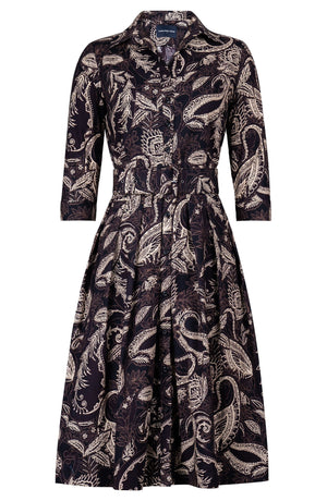 Audrey Dress #1 Shirt Collar 3/4 Sleeve Long Length Cotton Stretch (Cachemere Paisley Dark)