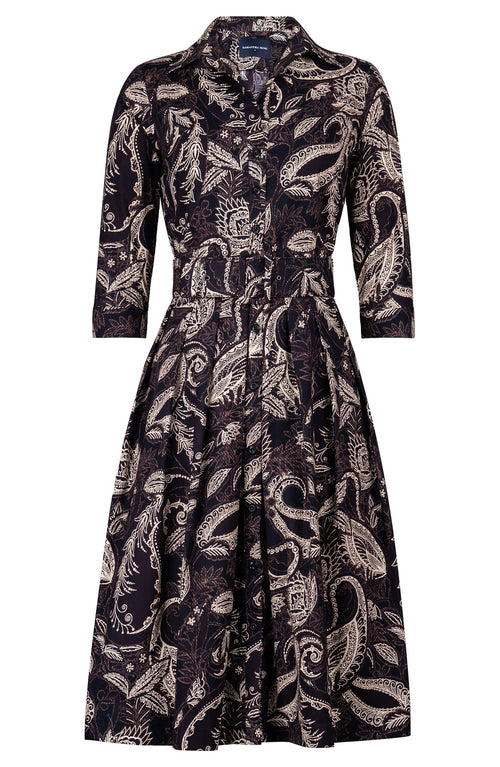 Audrey Dress #1 Shirt Collar 3/4 Sleeve Long Length Cotton Stretch (Cachemere Paisley Dark)