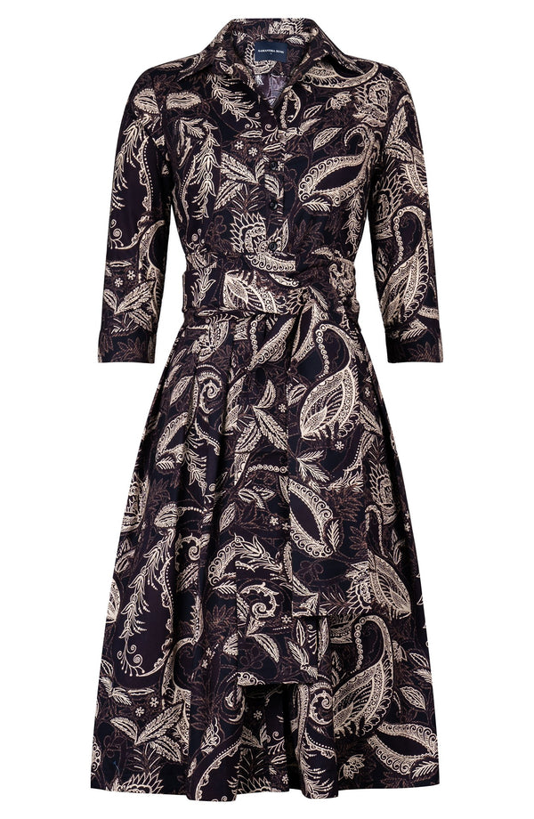 Audrey Dress #1 Shirt Collar 3/4 Sleeve Long Length Cotton Stretch (Cachemere Paisley Dark)