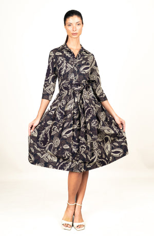 Audrey Dress #1 Shirt Collar 3/4 Sleeve Long Length Cotton Stretch (Cachemere Paisley Dark)