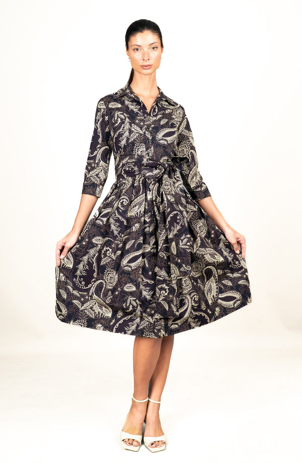 Audrey Dress #1 Shirt Collar 3/4 Sleeve Long Length Cotton Stretch (Cachemere Paisley Dark)