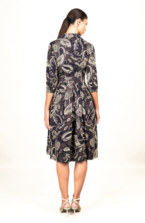 Audrey Dress #1 Shirt Collar 3/4 Sleeve Long Length Cotton Stretch (Cachemere Paisley Dark)