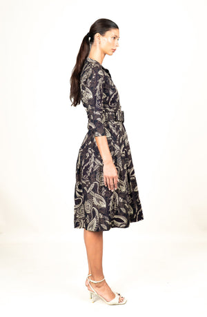 Audrey Dress #1 Shirt Collar 3/4 Sleeve Long Length Cotton Stretch (Cachemere Paisley Dark)