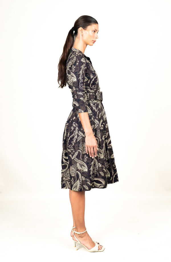 Audrey Dress #1 Shirt Collar 3/4 Sleeve Long Length Cotton Stretch (Cachemere Paisley Dark)