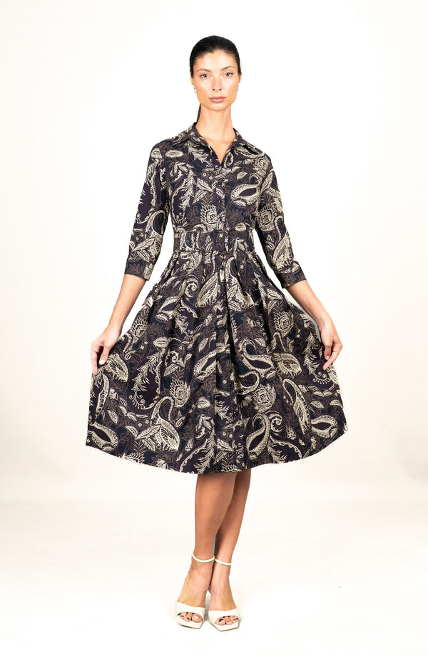 Audrey Dress #1 Shirt Collar 3/4 Sleeve Long Length Cotton Stretch (Cachemere Paisley Dark)
