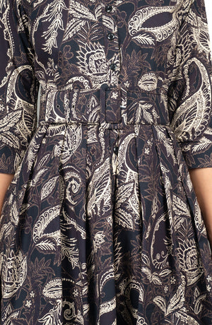 Audrey Dress #1 Shirt Collar 3/4 Sleeve Long Length Cotton Stretch (Cachemere Paisley Dark)