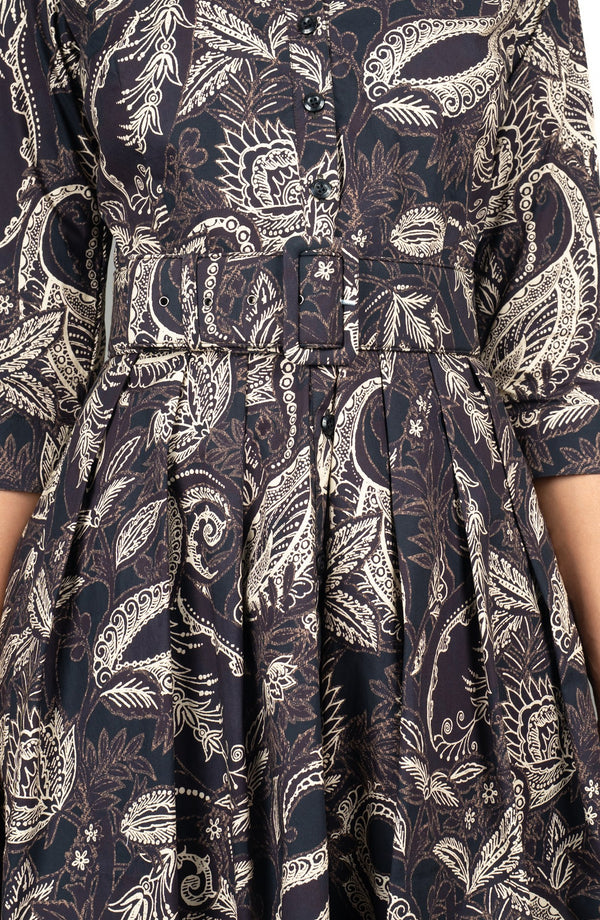 Audrey Dress #1 Shirt Collar 3/4 Sleeve Long Length Cotton Stretch (Cachemere Paisley Dark)