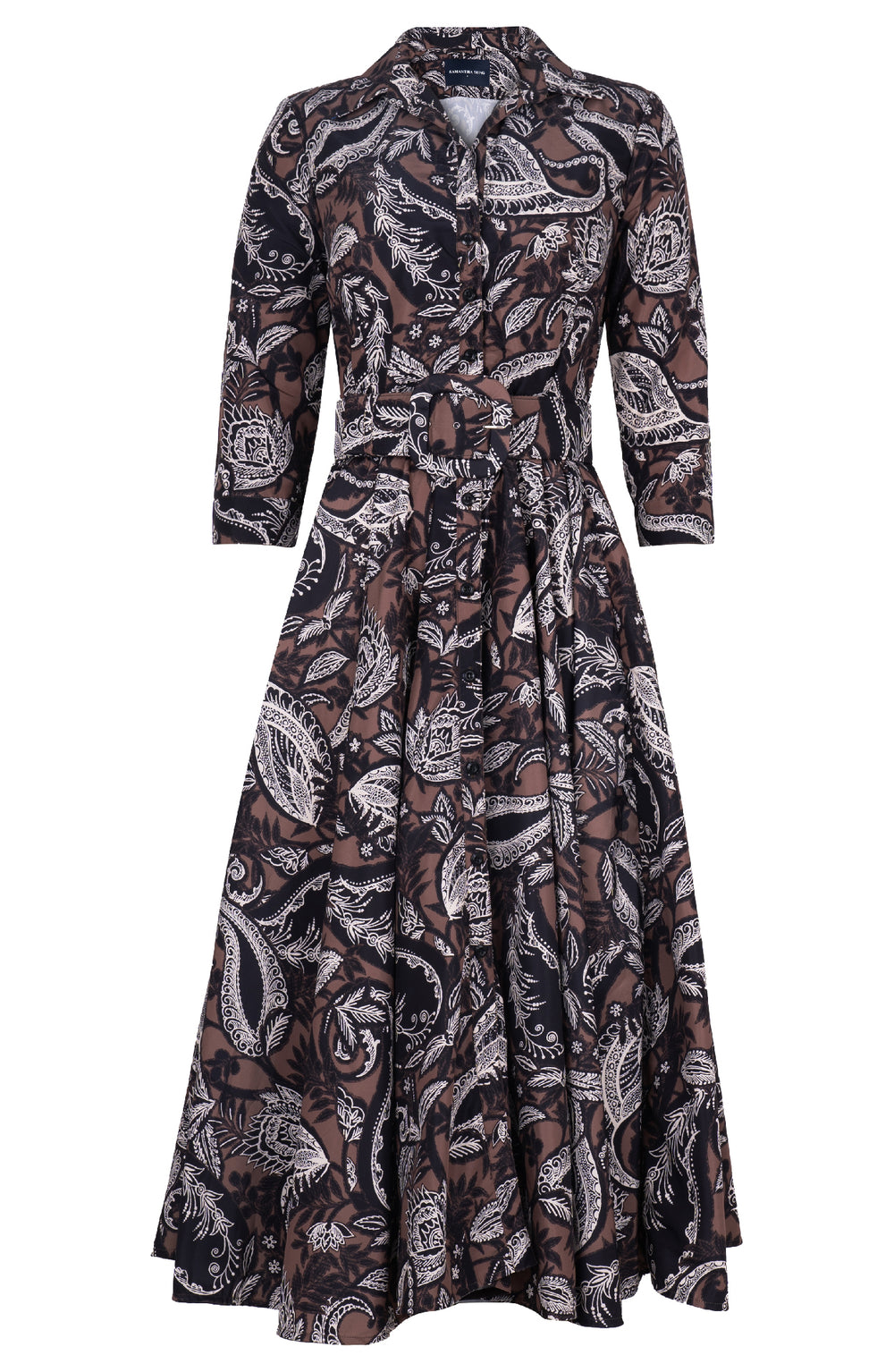 Aster Dress Shirt Collar 3/4 Sleeve Midi Length Poliamide Taffta (Cachemere Paisley Dark)