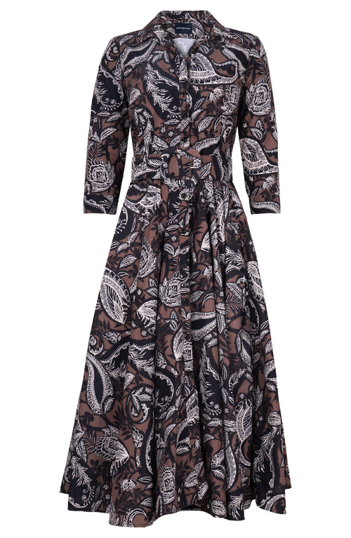 Aster Dress Shirt Collar 3/4 Sleeve Midi Length Poliamide Taffta (Cachemere Paisley Dark)