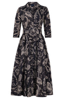 Terry Dress Shirt Collar 3/4 Sleeve Midi Plus Length Poliamide Taffta (Cachemere Paisley Dark)