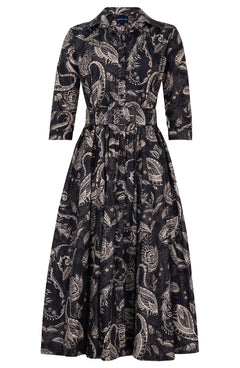 Terry Dress Shirt Collar 3/4 Sleeve Midi Plus Length Poliamide Taffta (Cachemere Paisley Dark)