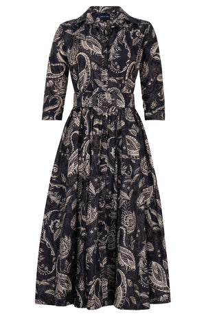 Terry Dress Shirt Collar 3/4 Sleeve Midi Plus Length Poliamide Taffta (Cachemere Paisley Dark)