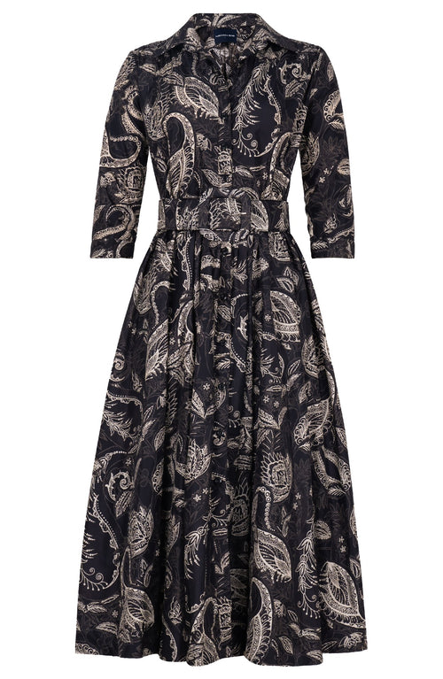 Terry Dress Shirt Collar 3/4 Sleeve Midi Plus Length Poliamide Taffta (Cachemere Paisley Dark)