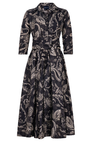 Terry Dress Shirt Collar 3/4 Sleeve Midi Plus Length Poliamide Taffta (Cachemere Paisley Dark)
