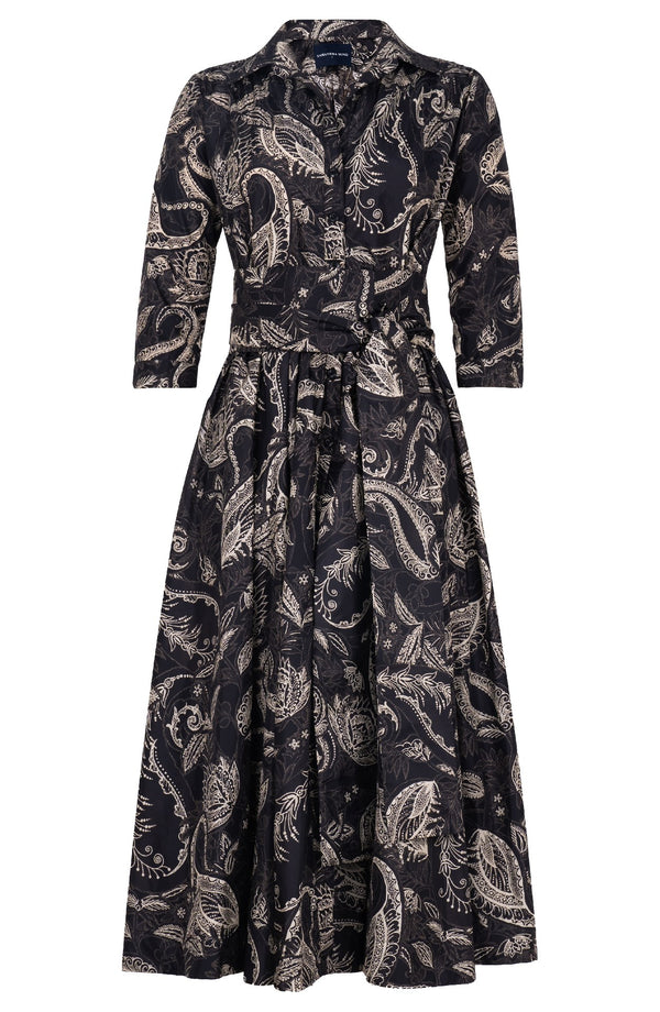 Terry Dress Shirt Collar 3/4 Sleeve Midi Plus Length Poliamide Taffta (Cachemere Paisley Dark)