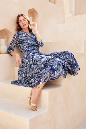 Audrey Dress #4 Shirt Collar 3/4 Sleeve Midi Length Cotton Musola (Cachemire Paisley White)