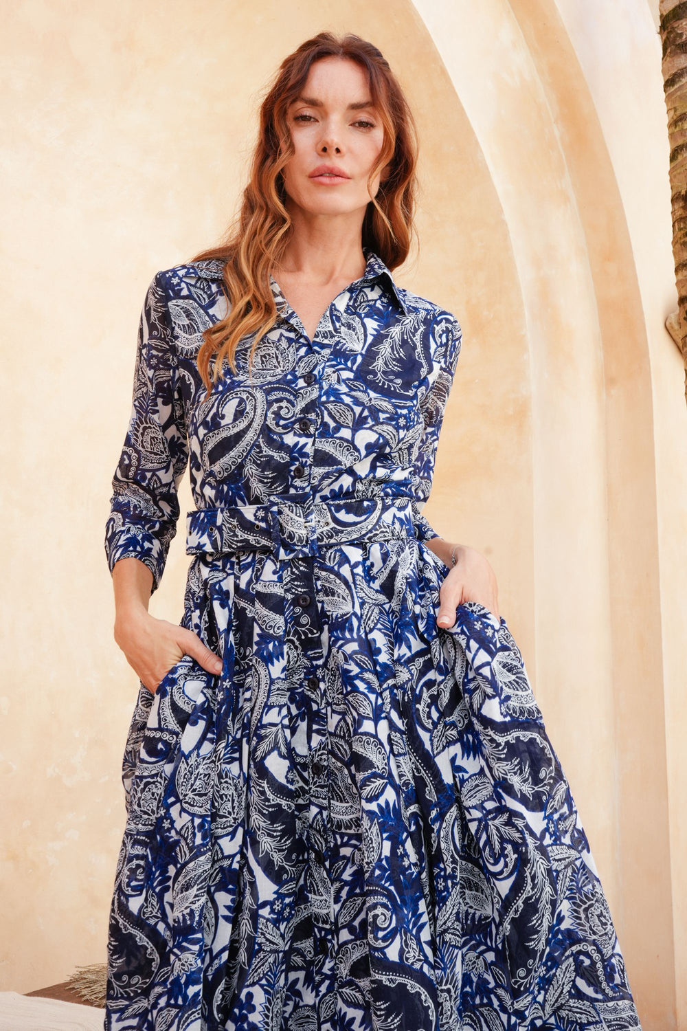 Audrey Dress #4 Shirt Collar 3/4 Sleeve Midi Length Cotton Musola (Cachemire Paisley White)