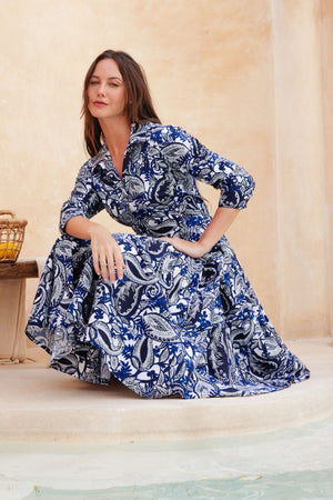 Laurent Dress Shirt Collar 3/4 Sleeve Long Length Cotton Stretch (Cachemire Paisley White)