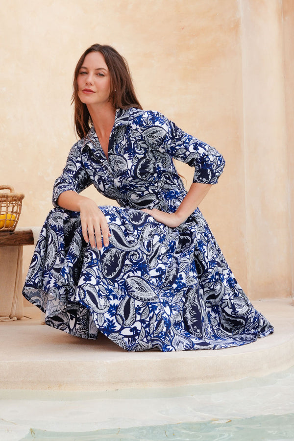 Laurent Dress Shirt Collar 3/4 Sleeve Long Length Cotton Stretch (Cachemire Paisley White)