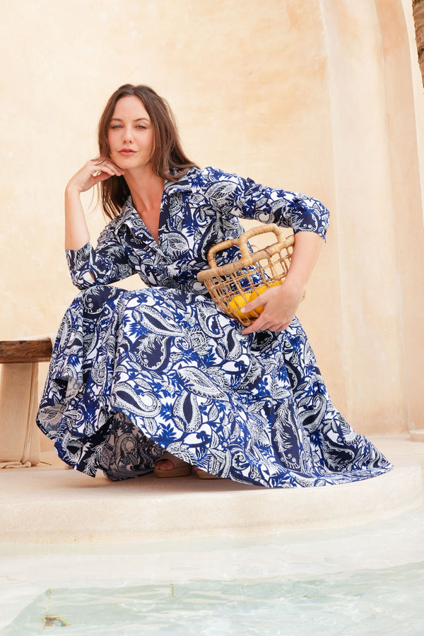 Laurent Dress Shirt Collar 3/4 Sleeve Long Length Cotton Stretch (Cachemire Paisley White)