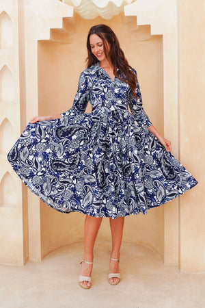 Laurent Dress Shirt Collar 3/4 Sleeve Long Length Cotton Stretch (Cachemire Paisley White)