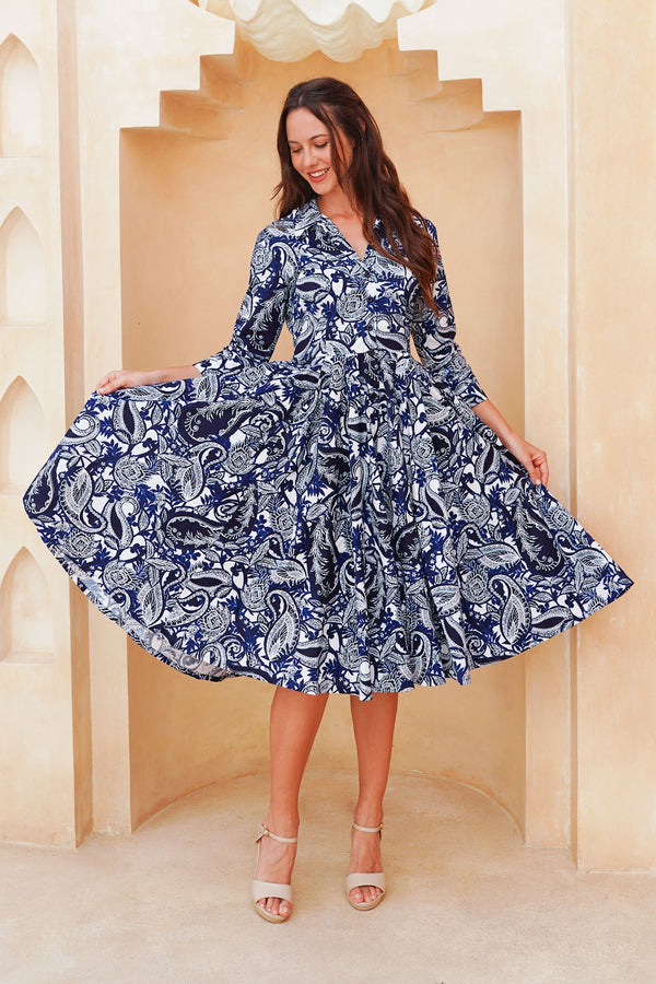 Laurent Dress Shirt Collar 3/4 Sleeve Long Length Cotton Stretch (Cachemire Paisley White)