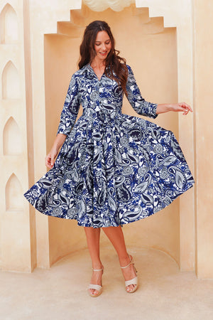 Laurent Dress Shirt Collar 3/4 Sleeve Long Length Cotton Stretch (Cachemire Paisley White)