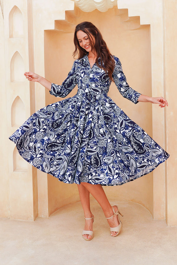 Laurent Dress Shirt Collar 3/4 Sleeve Long Length Cotton Stretch (Cachemire Paisley White)