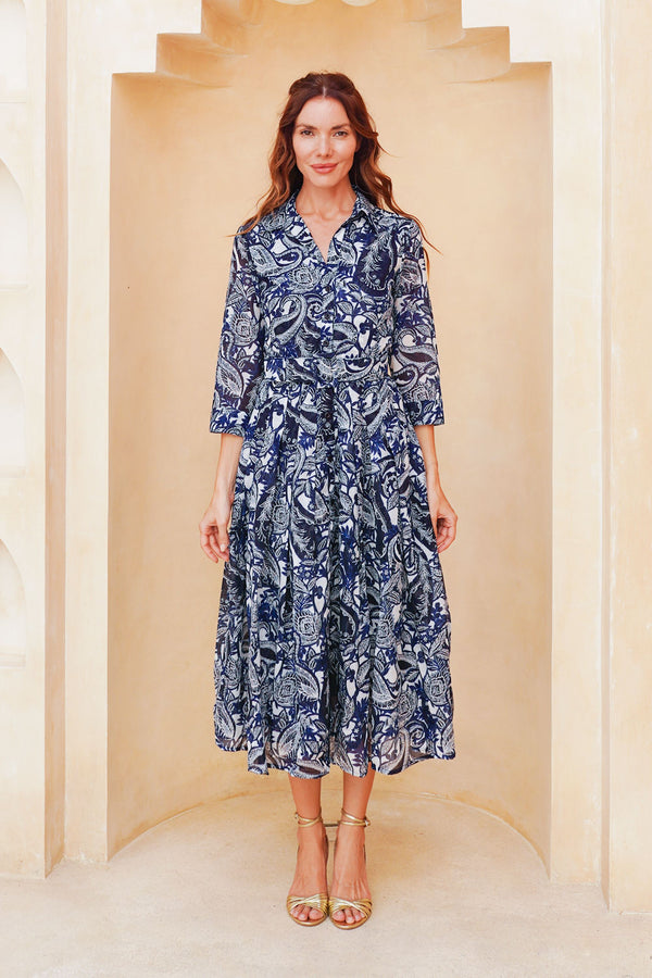 Laurent Dress Shirt Collar 3/4 Sleeve Long Length Cotton Stretch (Cachemire Paisley White)