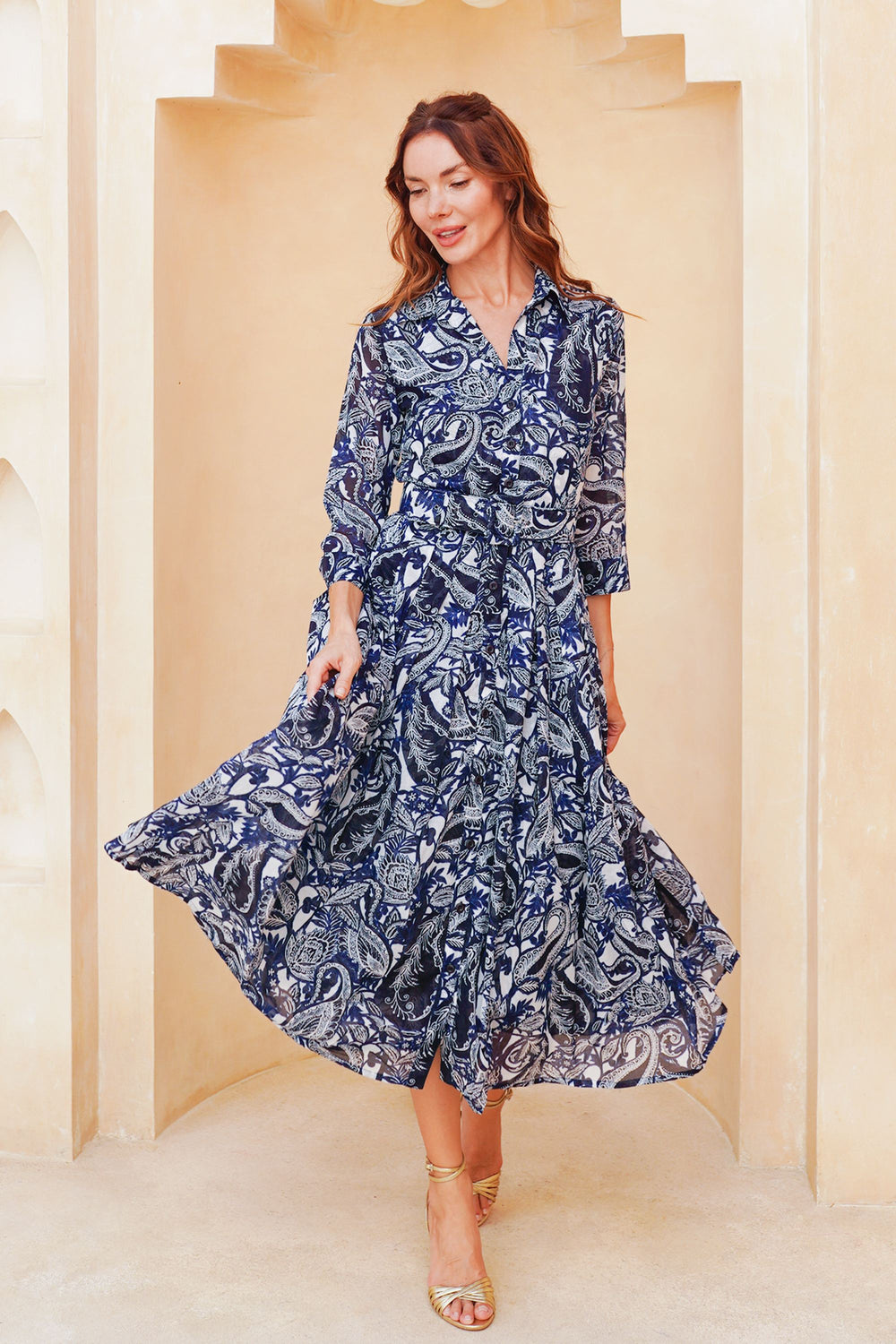 Laurent Dress Shirt Collar 3/4 Sleeve Long Length Cotton Stretch (Cachemire Paisley White)