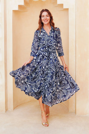 Laurent Dress Shirt Collar 3/4 Sleeve Long Length Cotton Stretch (Cachemire Paisley White)