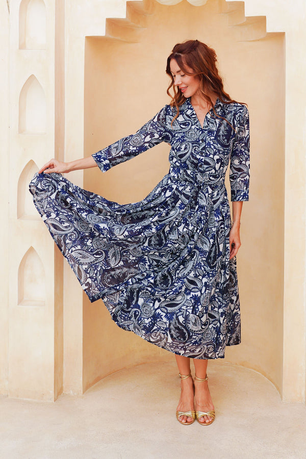 Laurent Dress Shirt Collar 3/4 Sleeve Long Length Cotton Stretch (Cachemire Paisley White)