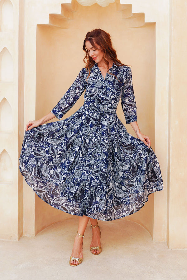 Laurent Dress Shirt Collar 3/4 Sleeve Long Length Cotton Stretch (Cachemire Paisley White)