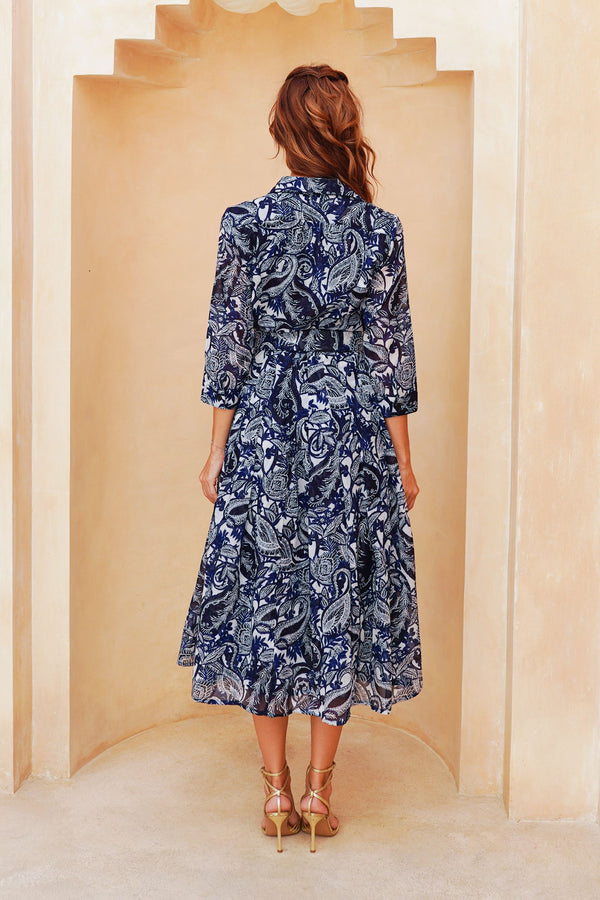 Laurent Dress Shirt Collar 3/4 Sleeve Long Length Cotton Stretch (Cachemire Paisley White)