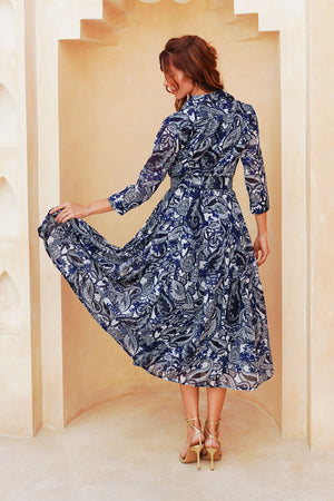 Laurent Dress Shirt Collar 3/4 Sleeve Long Length Cotton Stretch (Cachemire Paisley White)