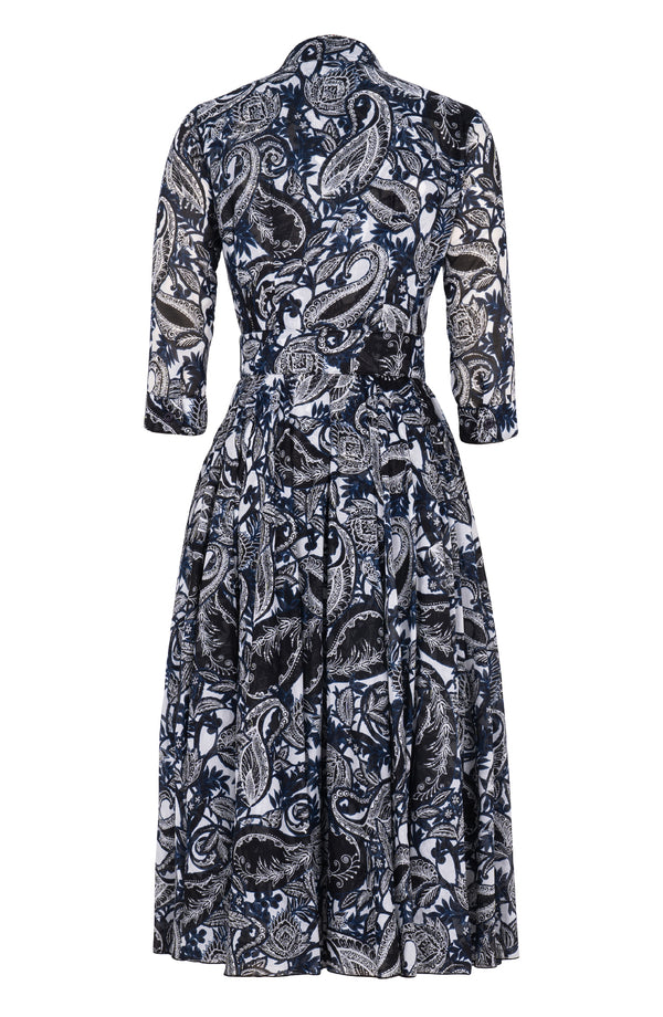 Aster Dress Shirt Collar 3/4 Sleeve Midi Length Cotton Musola (Cachemire Paisley White)