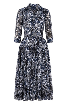 Aster Dress Shirt Collar 3/4 Sleeve Midi Length Cotton Musola (Cachemire Paisley White)