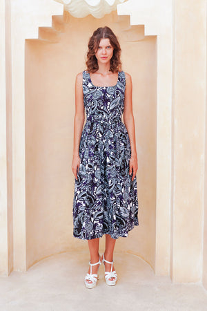 Florance Dress U Neck Sleeveless Midi Length Cotton Stretch (Cachemire Paisley White)