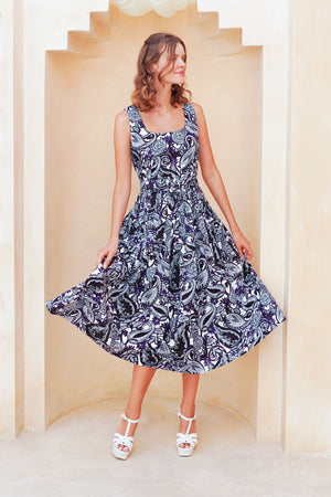 Florance Dress U Neck Sleeveless Midi Length Cotton Stretch (Cachemire Paisley White)