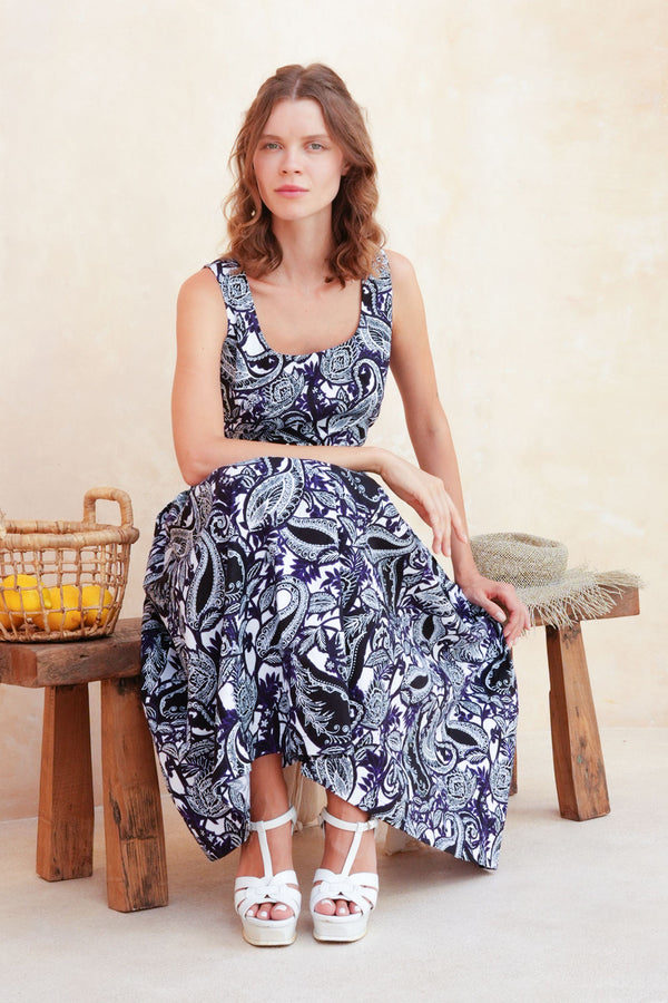 Florance Dress U Neck Sleeveless Midi Length Cotton Stretch (Cachemire Paisley White)